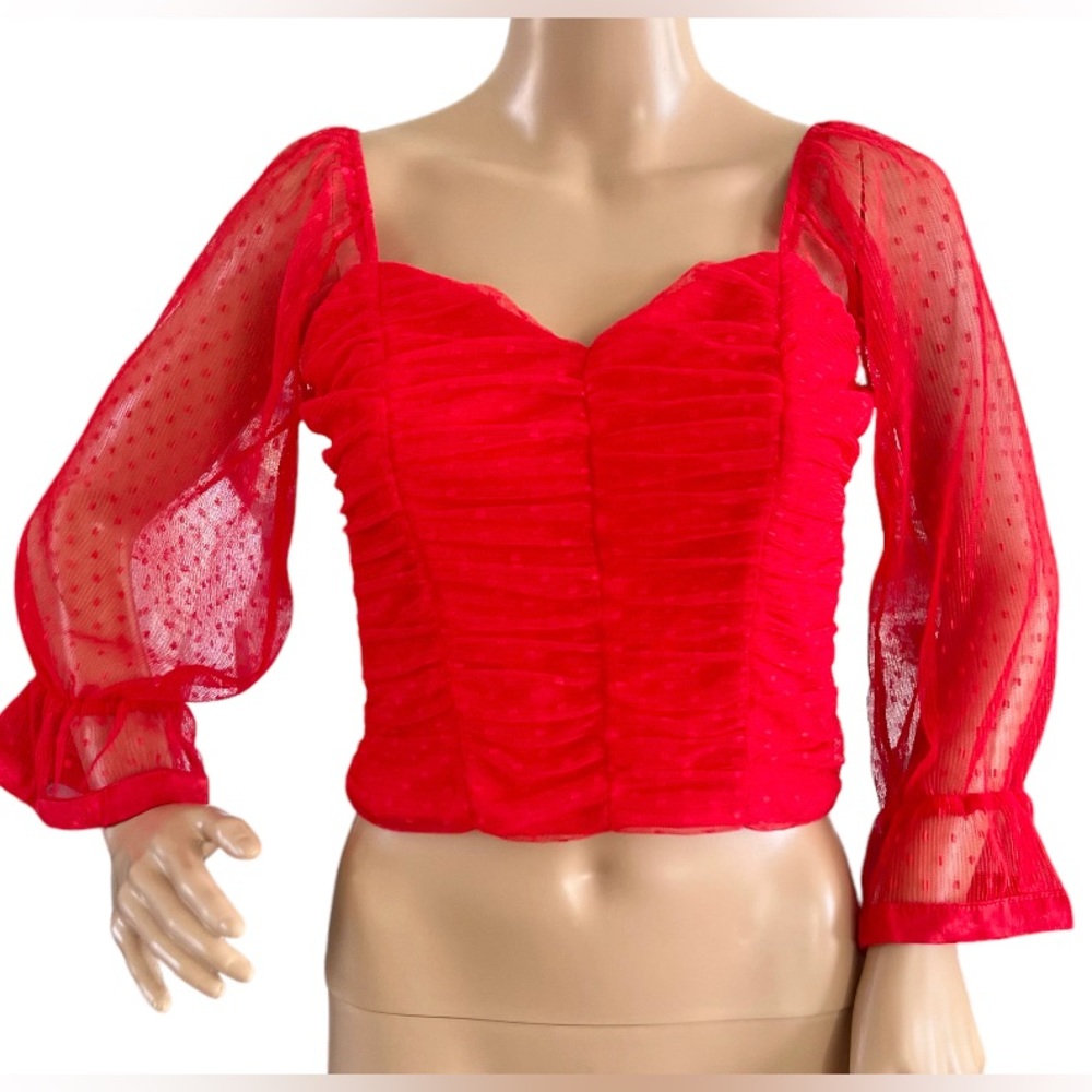 Haute Monde Womens Sheer Mesh Sleeves Crop Top Romantic